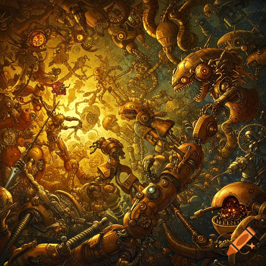 A busy, chaotic depiction of many detailed mechanical creatures and robots.