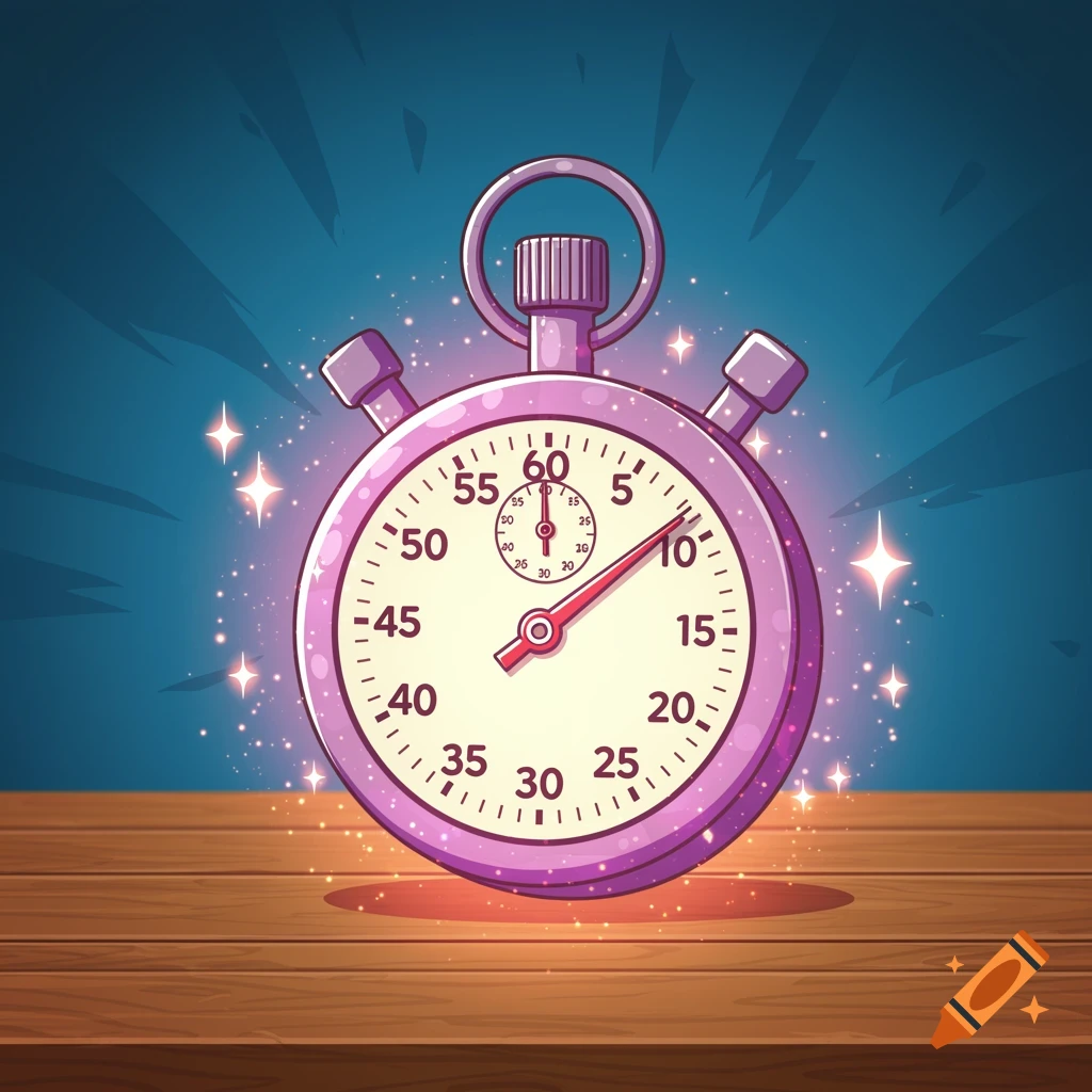 A glowing cartoon stopwatch with sparkles on a wooden table.