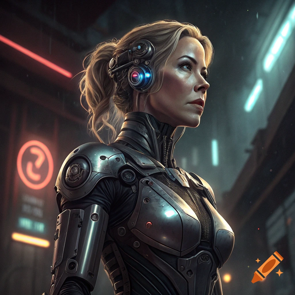 Portrait of a woman in futuristic cyborg armor in a dark city with neon lights.