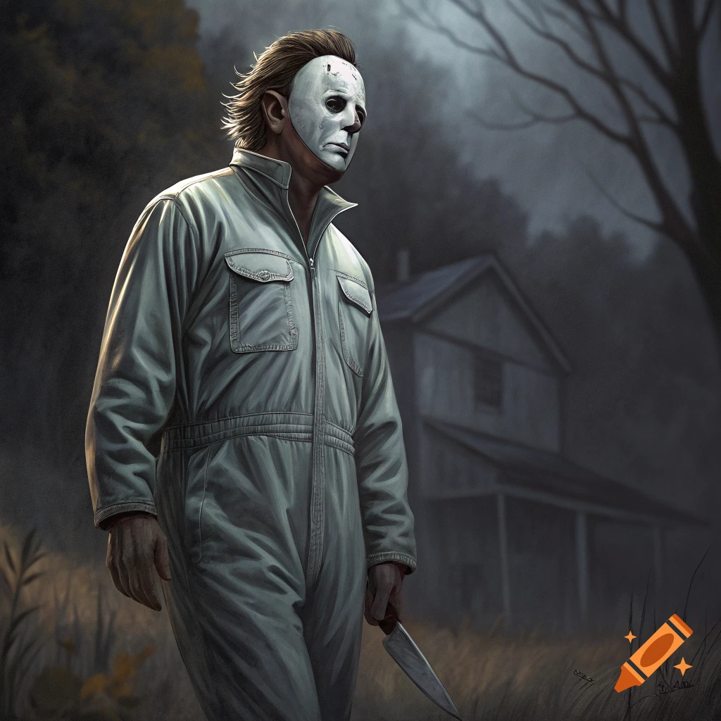 Illustration of Michael Myers holding a knife in a field in front of a house at dusk.