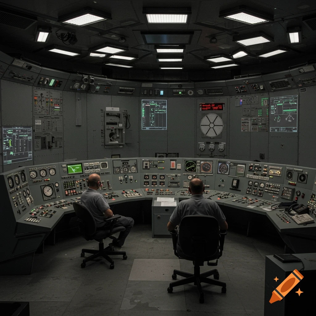 Two men sit at consoles in a complex, photorealistic control room filled with screens and buttons.