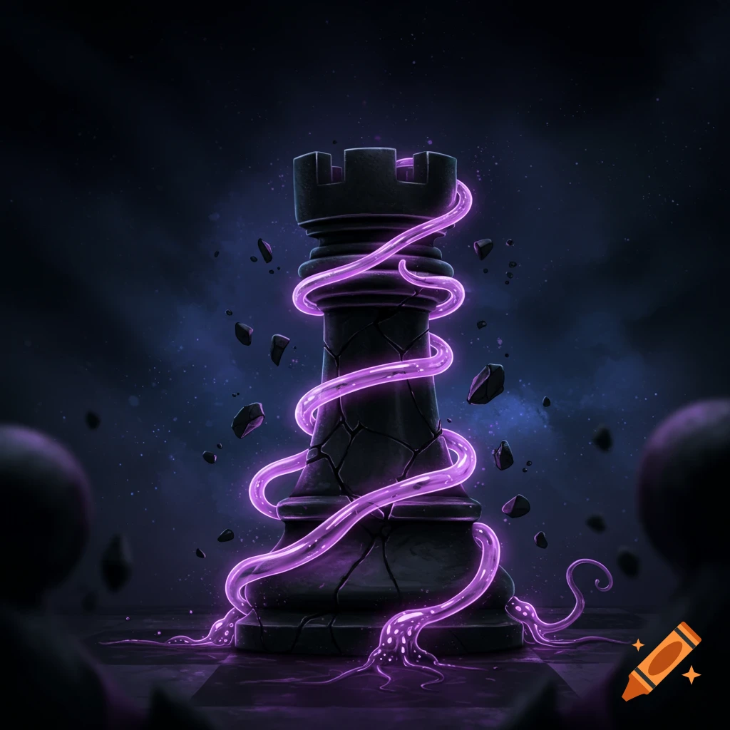 A shattered black chess rook piece wrapped in glowing purple tendrils.