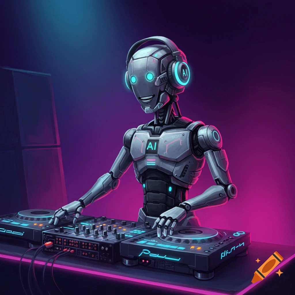 A robot DJ with headphones stands at a mixing console in a neon-lit room.