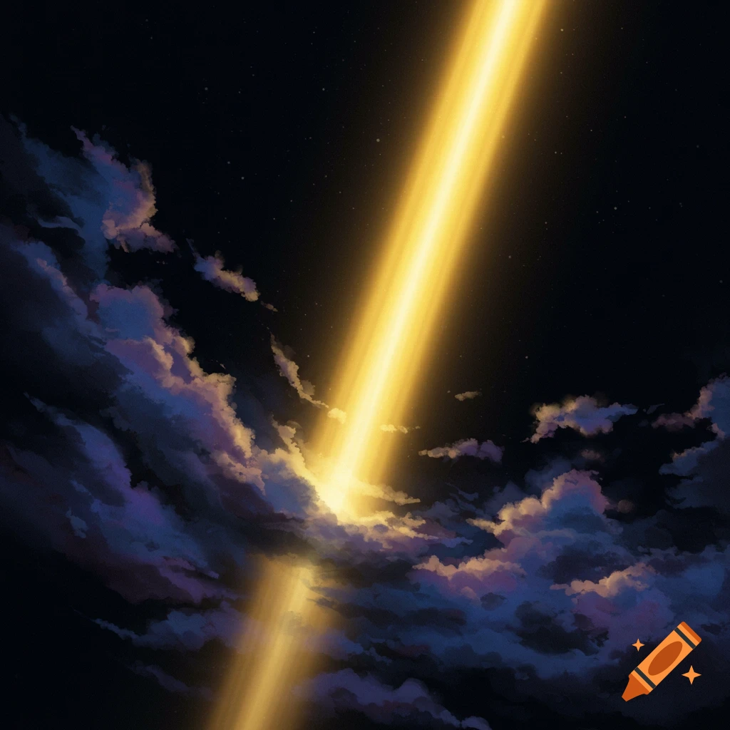 A powerful light beam shines through dark clouds in a starry night sky.
