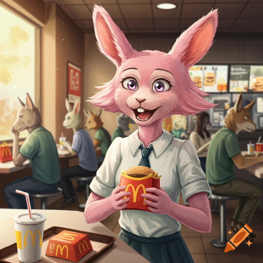 An anthropomorphic rabbit from Beastars holding a burger in a fast food restaurant.