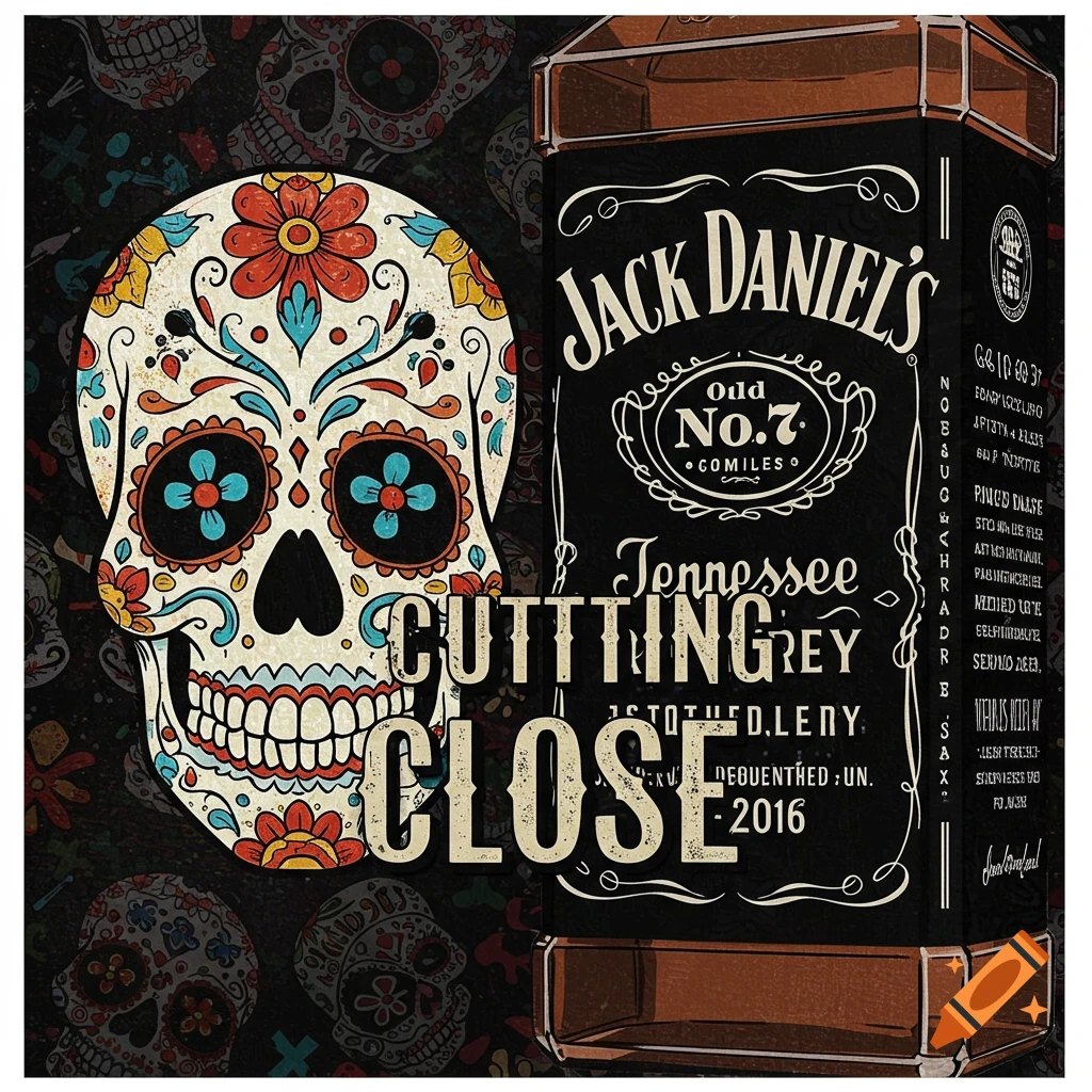 A sugar skull is next to a Jack Daniel's label with text 'CUTTING CLOSE 2016' on a dark background with skulls.