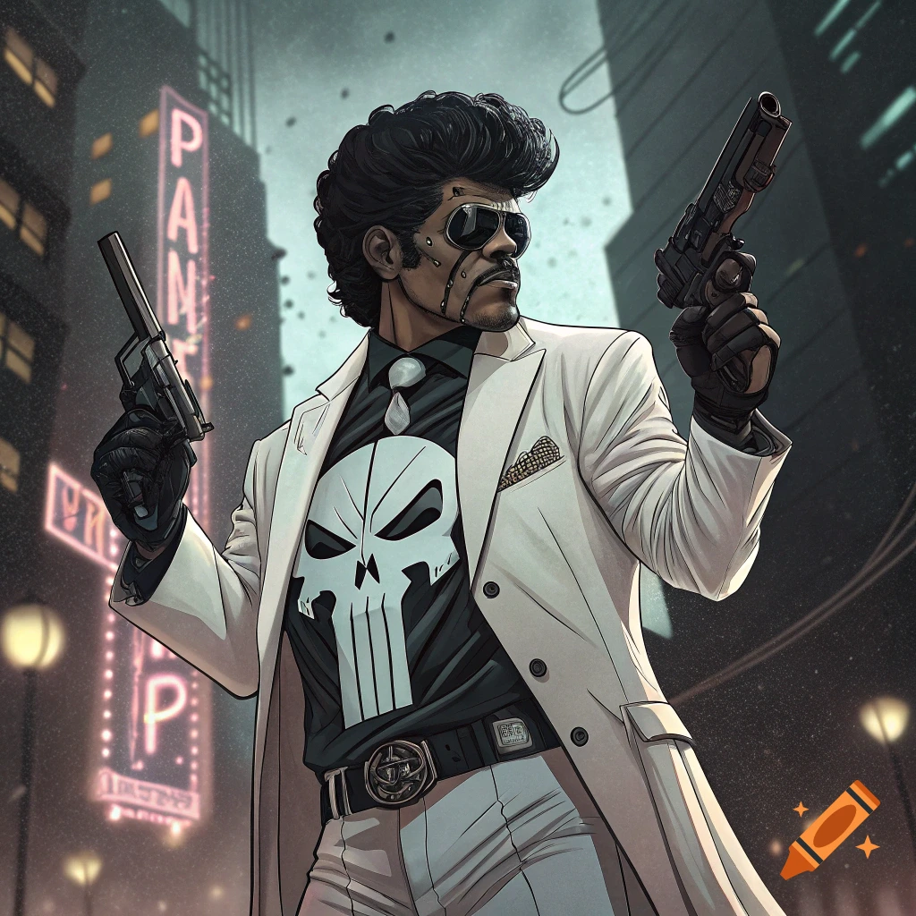 Stylized illustration of a character resembling Little Richard dressed as The Punisher, in a white suit with a skull shirt, holding two guns in a city street at night.