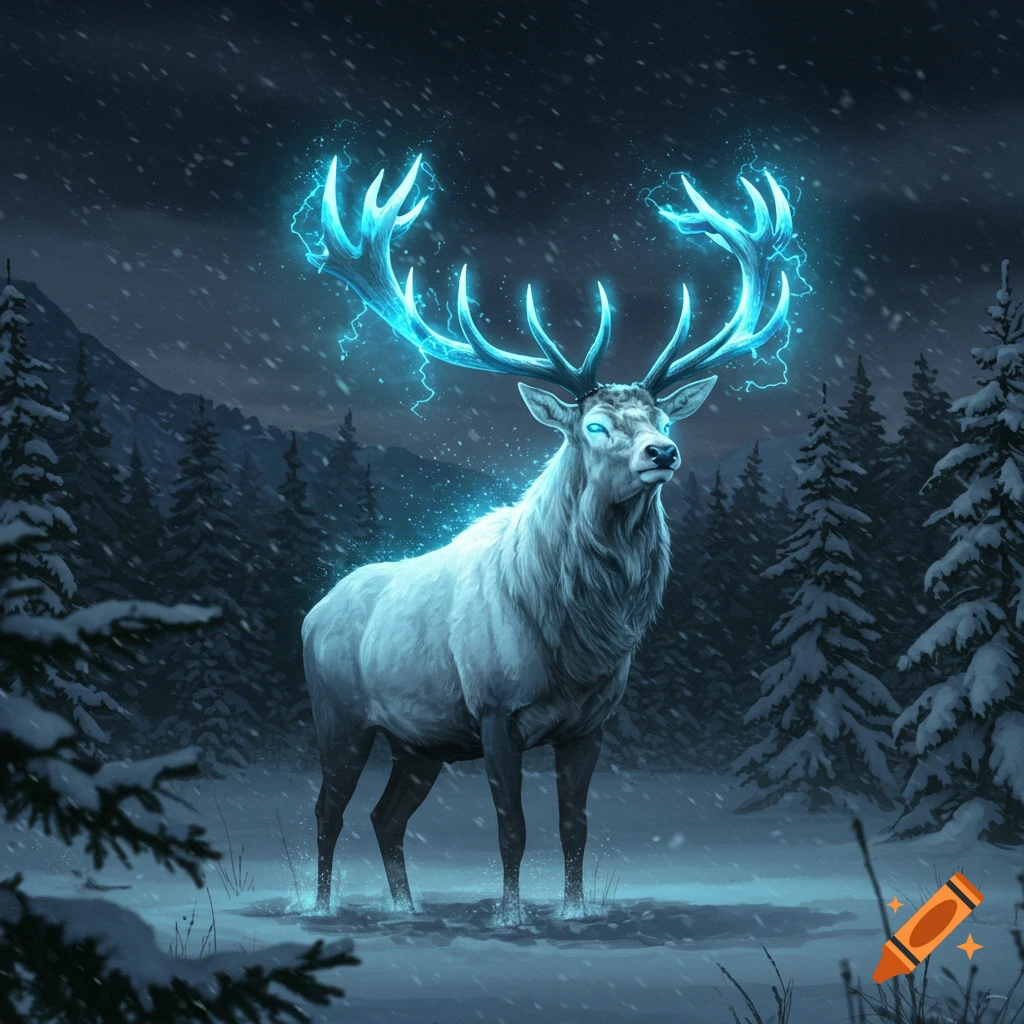 A white elk with glowing blue lightning antlers stands in a snowy forest at night.