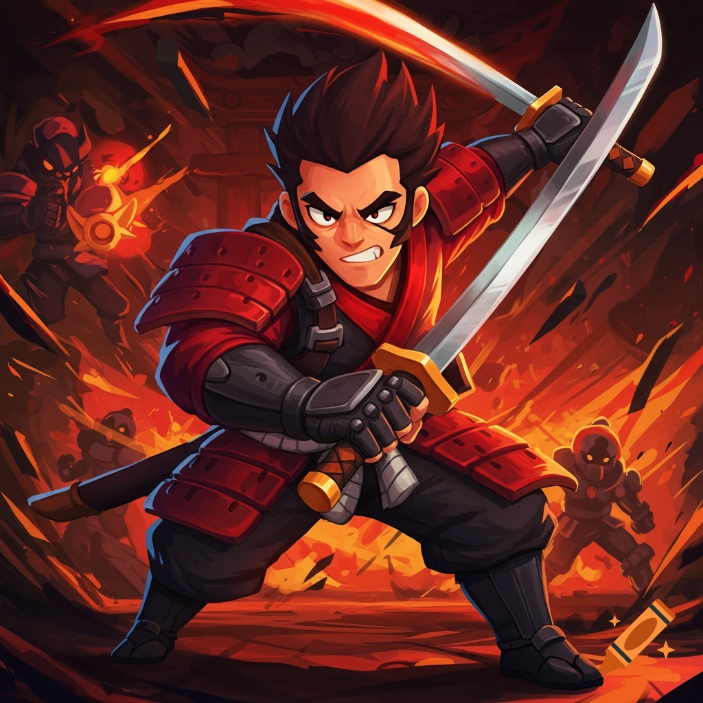 A stylized warrior in red armor, dual-wielding swords, combats other figures amidst flames.