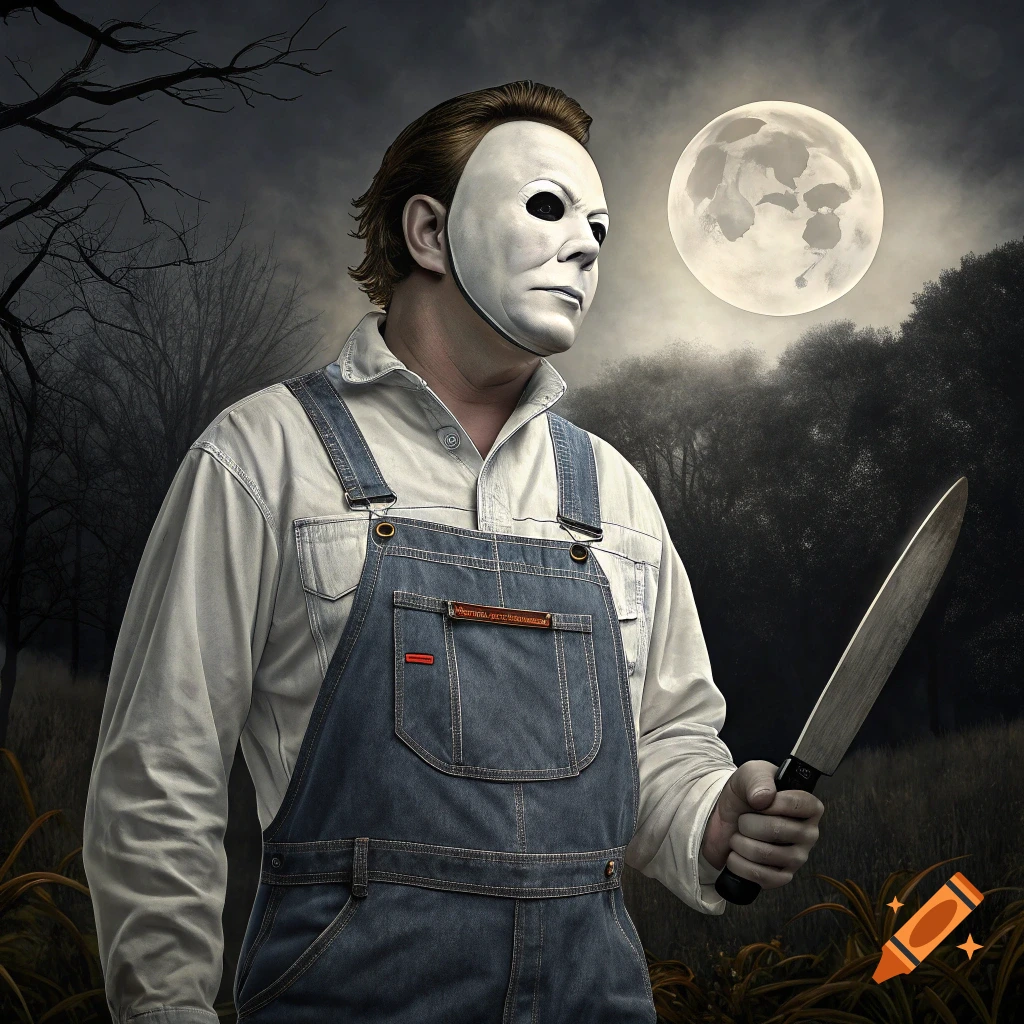 Person wearing a Michael Myers mask and overalls holds a knife under a full moon.