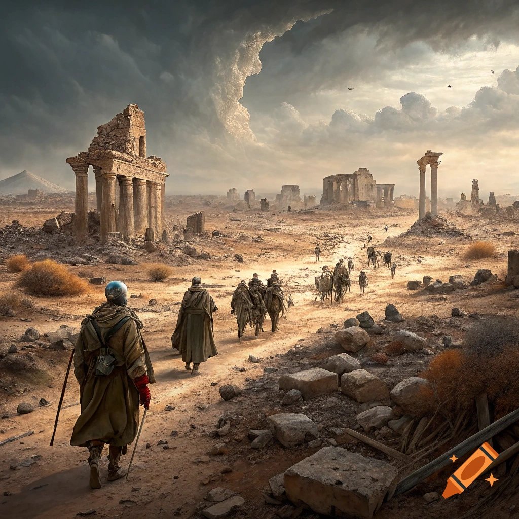 Figures walk through vast ancient ruins in a desolate landscape under a stormy sky.