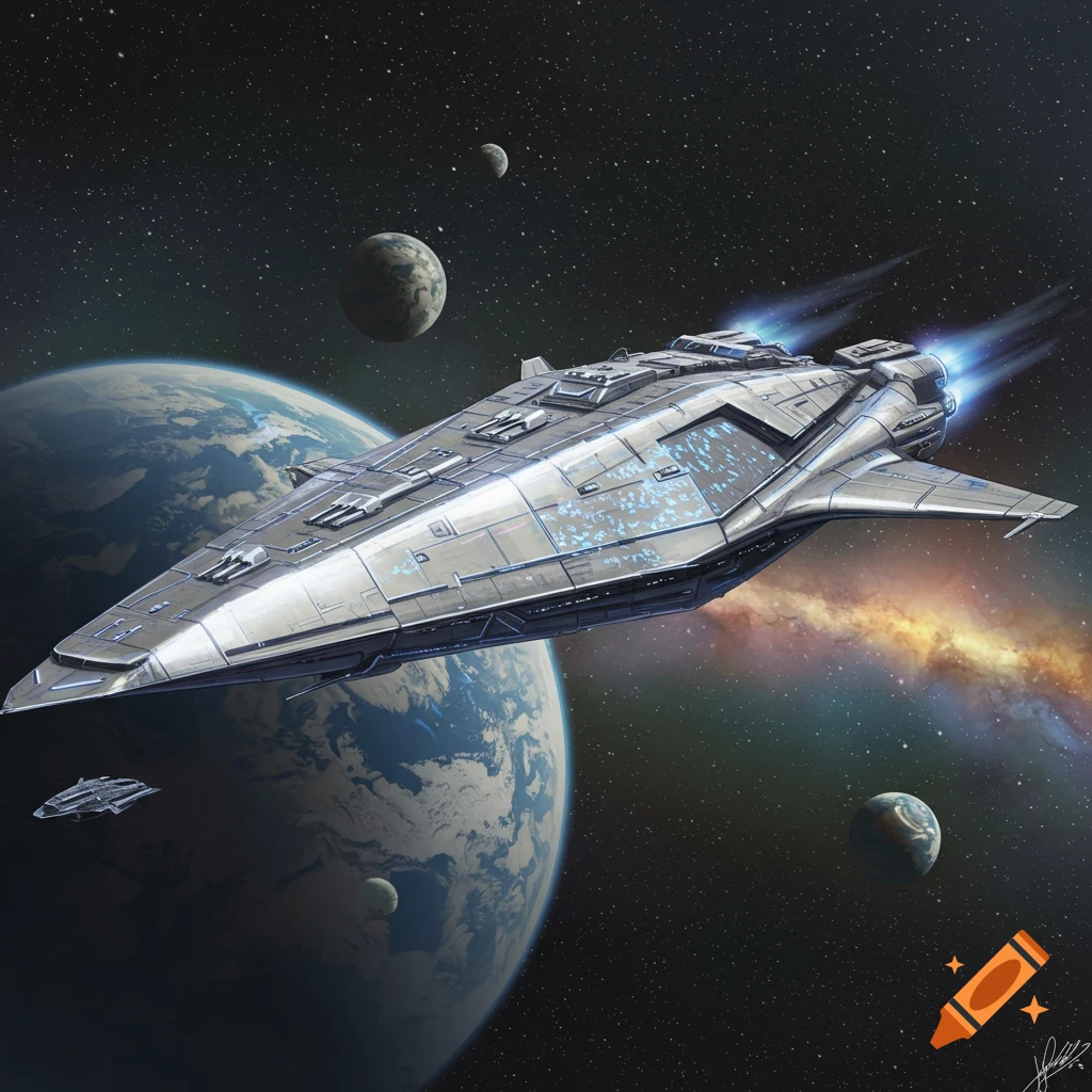 A futuristic silver spaceship flies near planets and a nebula in space ...
