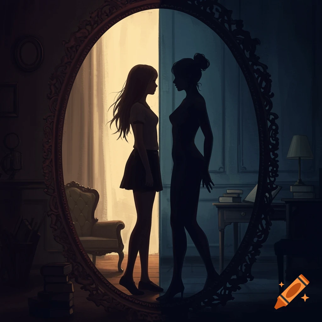 A figure looking into a mirror reflecting a contrasting silhouette.