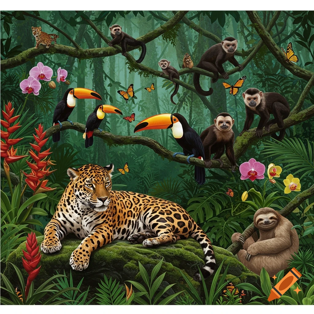 A jaguar, toucans, monkeys, and a sloth are shown in a lush rainforest.
