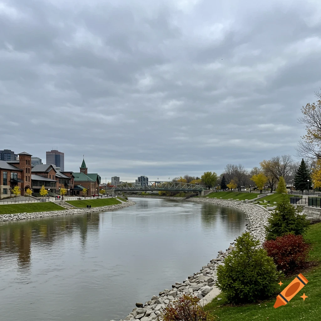A river flows through a city with buildings, a bridge, and trees under a cloudy sky.