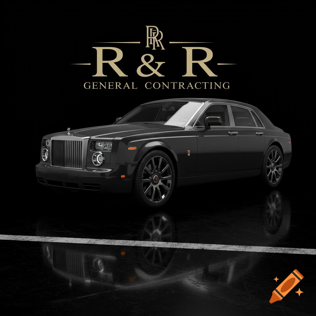 A black luxury car with a gold logo '-R & R- GENERAL CONTRACTING' above it on a black background.
