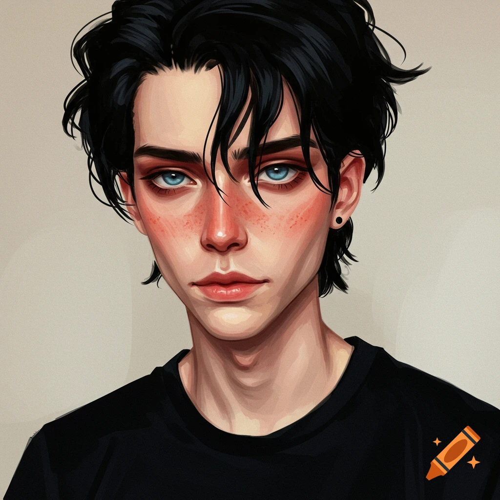 portrait of a young man with black hair, blue eyes, freckles, and a black shirt.