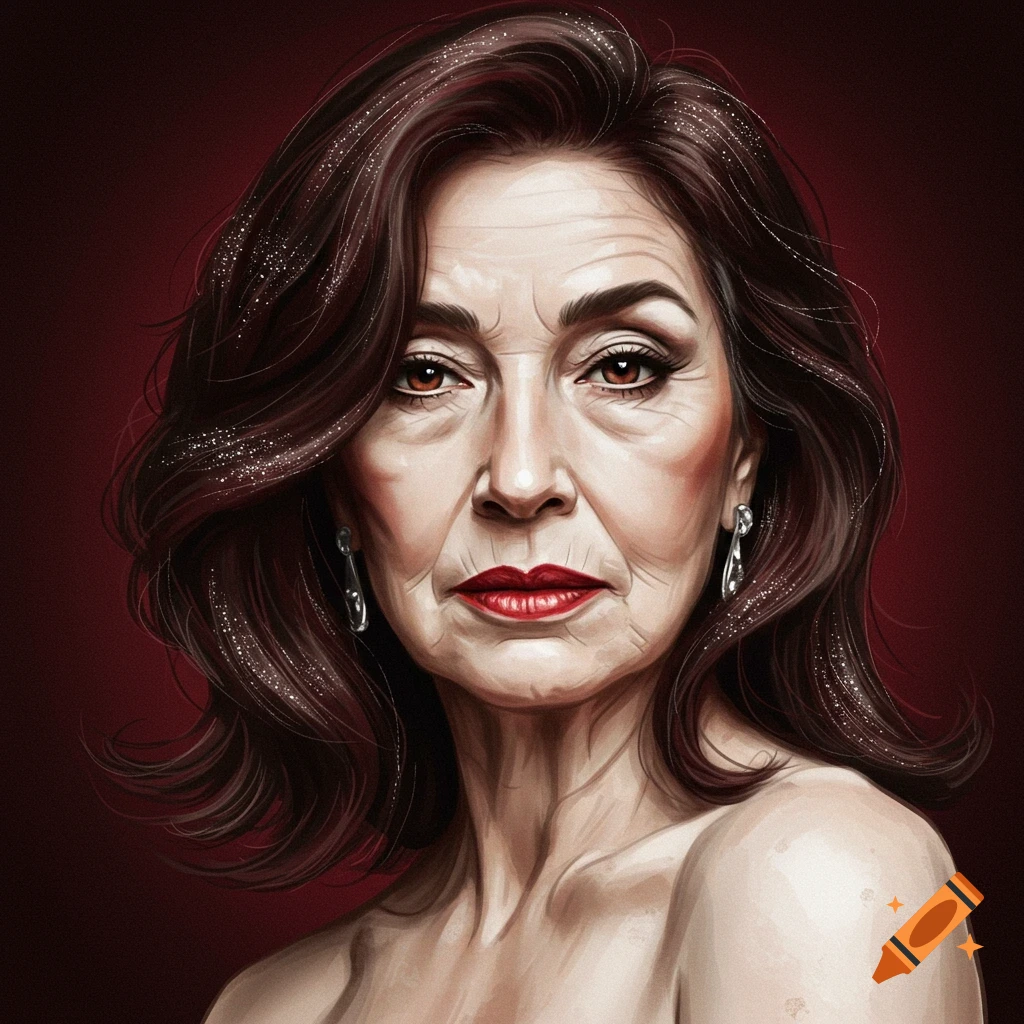 Portrait of an older woman with dark hair, red lipstick, and bare shoulders.