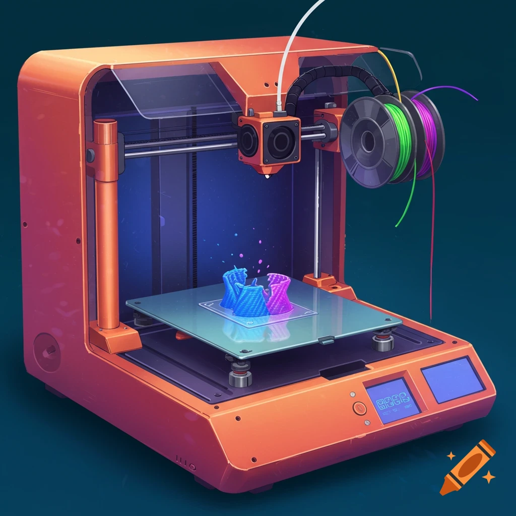 An orange 3D printer is in operation, creating a colorful object.