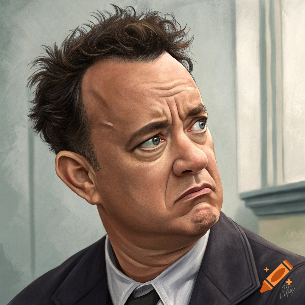 Caricature portrait of a grumpy Tom Hanks in a suit.