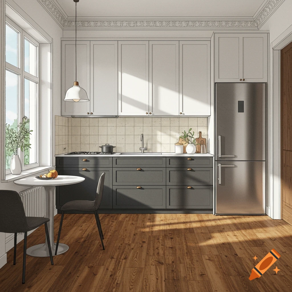 An illustrated kitchen interior with white and grey cabinets, a refrigerator, a round table with chairs by a window, and wood flooring.