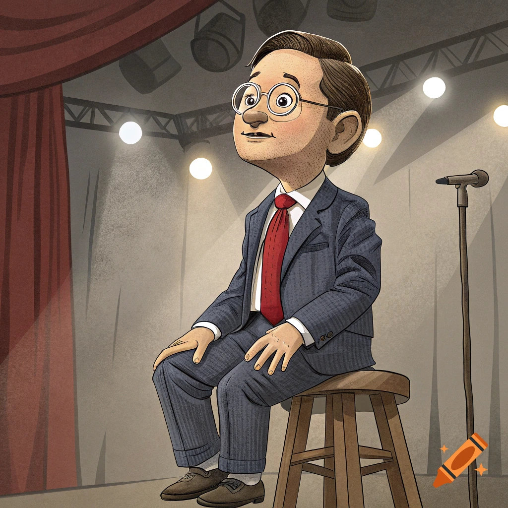 Illustration of a man in a suit and glasses sitting on a stool on a stage with a microphone stand.