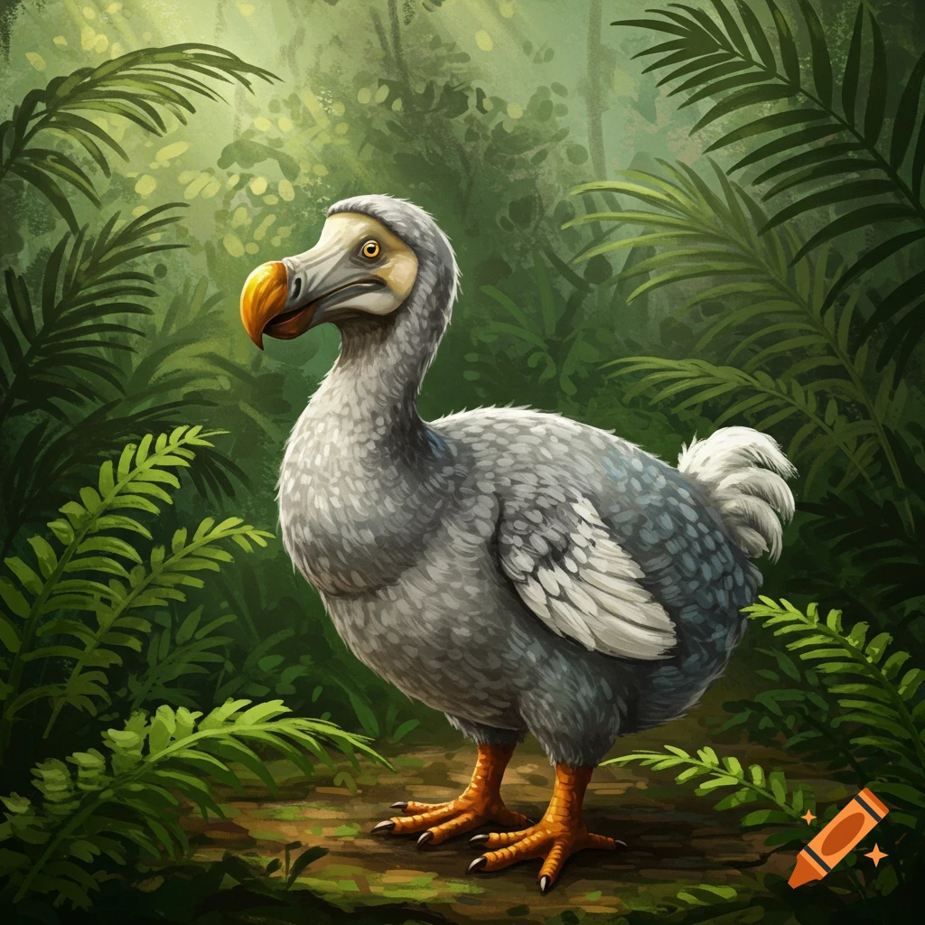 A dodo bird standing in a lush jungle.