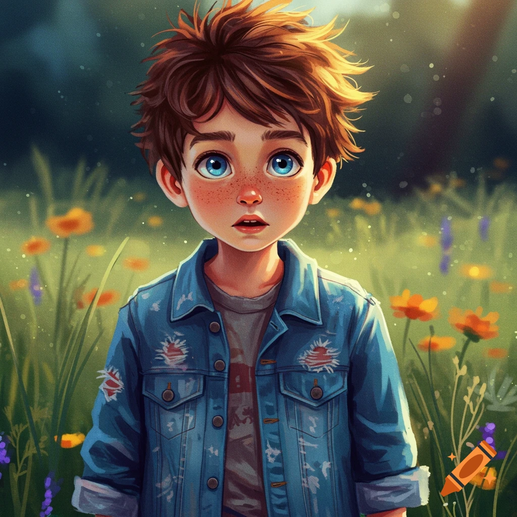 A young boy with tousled hair and blue eyes in a sunny meadow with wildflowers.
