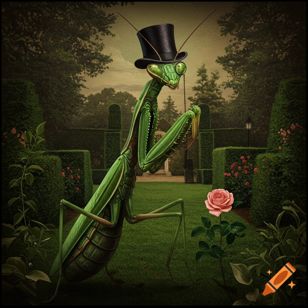 A praying mantis wearing a top hat and monocle stands in a formal garden, looking at a pink rose.