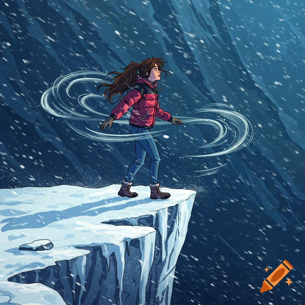 Young woman on a snowy cliff edge with swirling wind in comic book style.