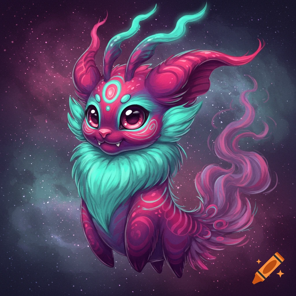A cute, colourful fantasy creature with large eyes, horns, and a fluffy mane against a starry background.