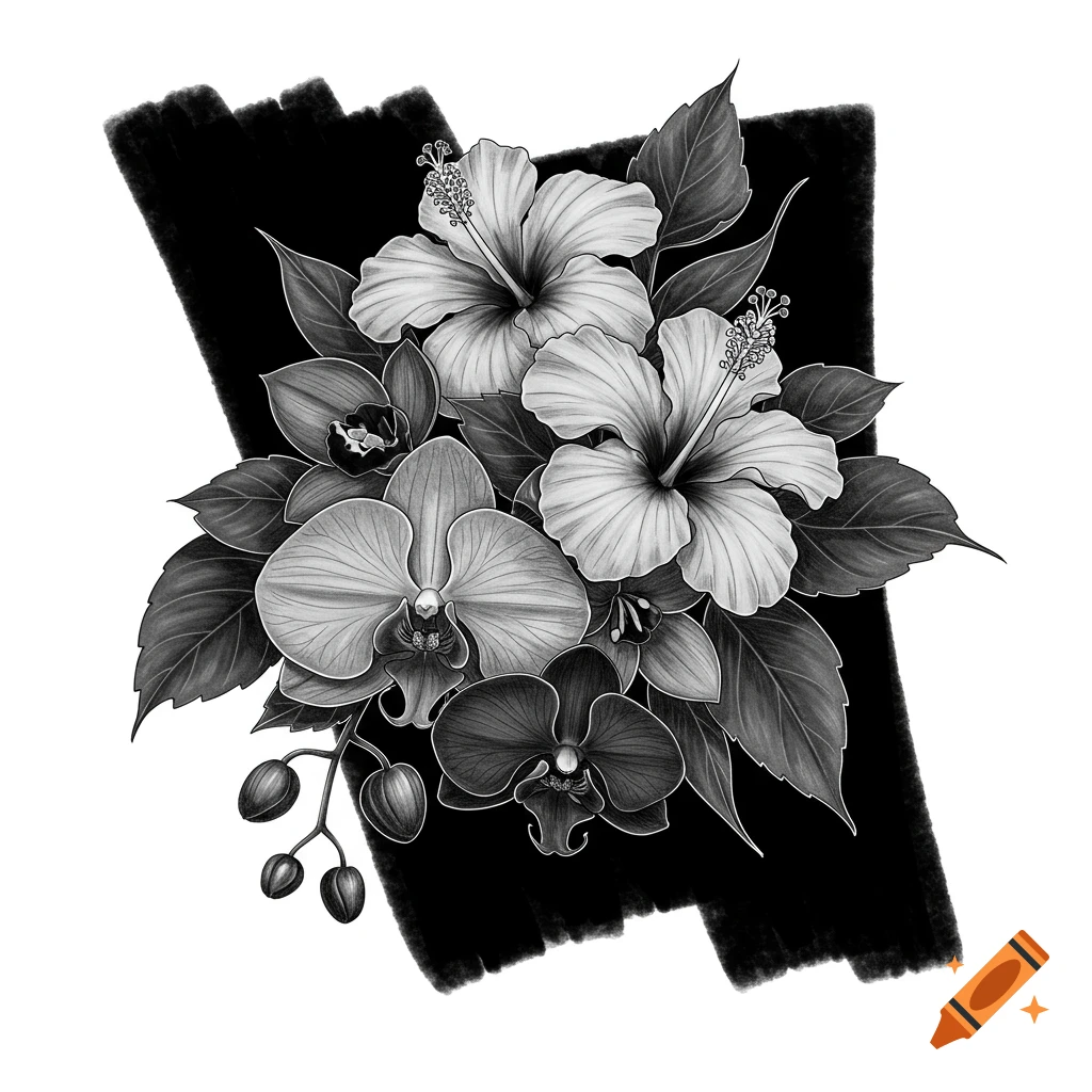 Black and white illustration of an orchid and hibiscus flower bouquet against a black brushstroke.