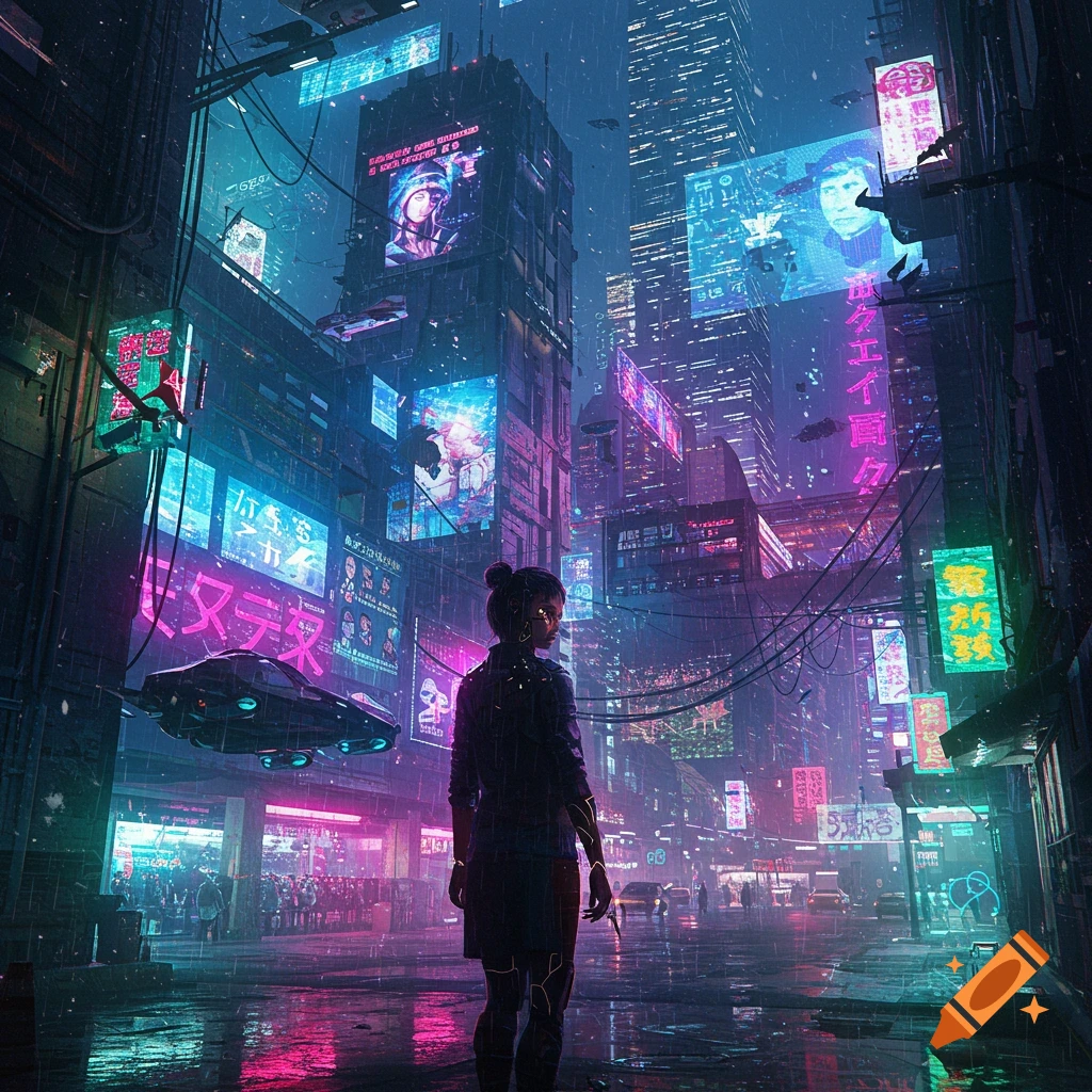 Person stands in a rainy cyberpunk city street with neon signs and flying vehicles.