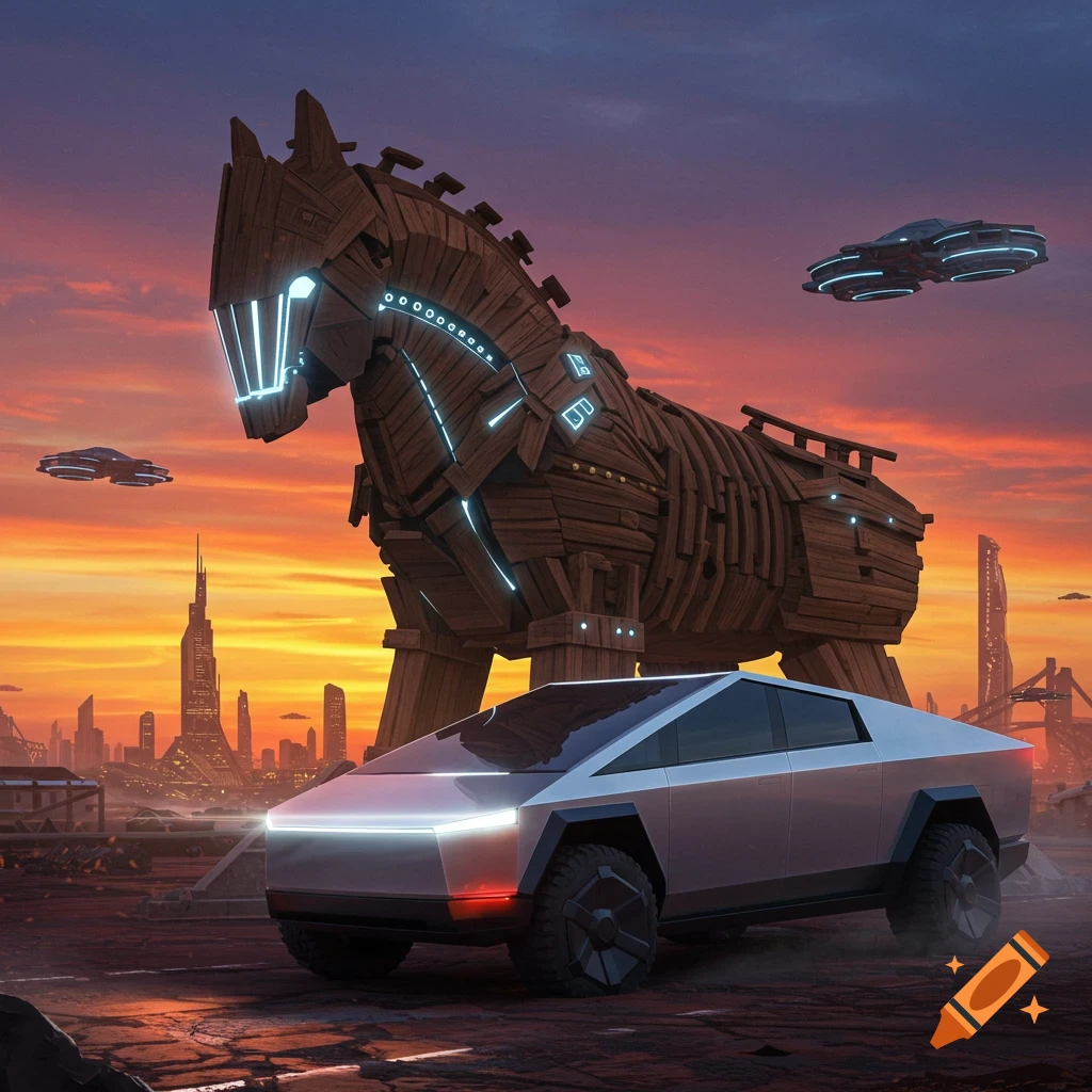 A futuristic truck sits in front of a glowing wooden Trojan horse in a futuristic city at sunset.