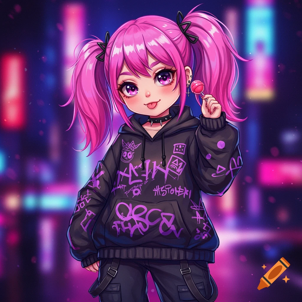 An anime girl with pink pigtails and a graffiti hoodie holds a lollipop against a blurry neon city night background.