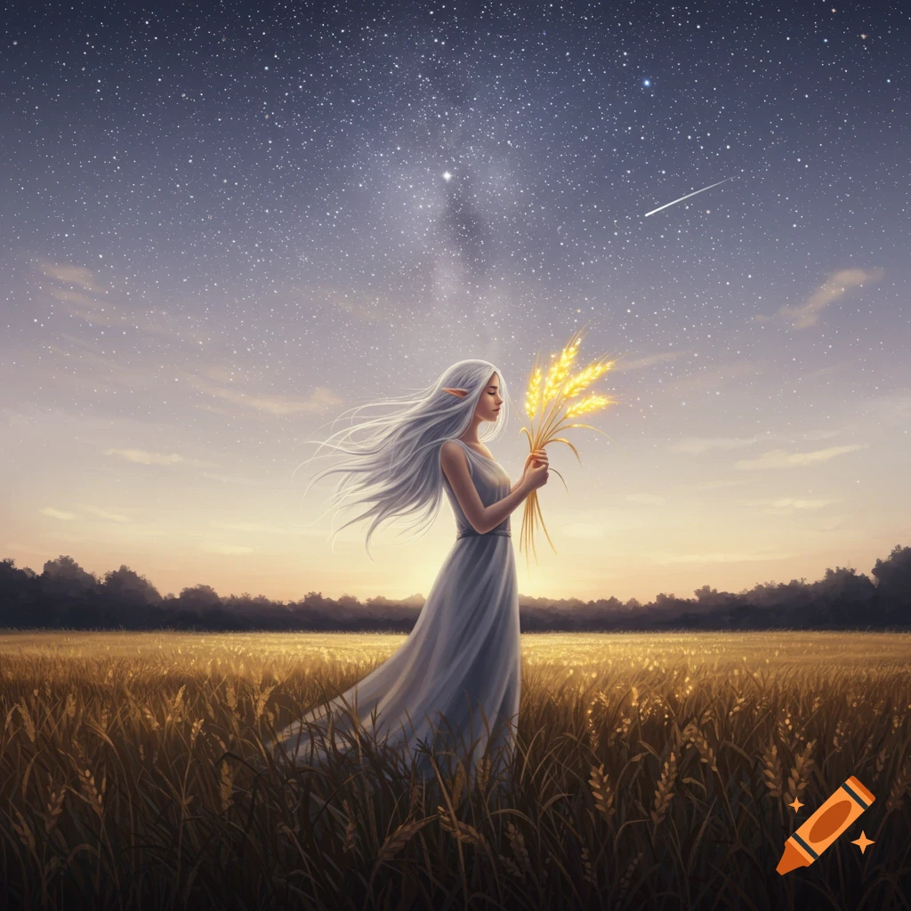 An ethereal figure stands in a field of wheat under a starry night sky, holding glowing wheat stalks.