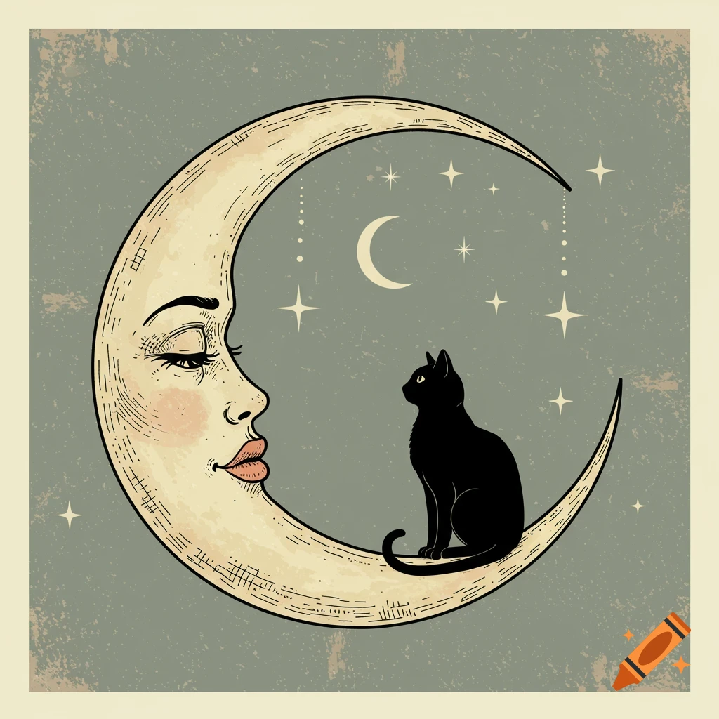 Vintage illustration of a crescent moon with a face looking at a black cat sitting on it.
