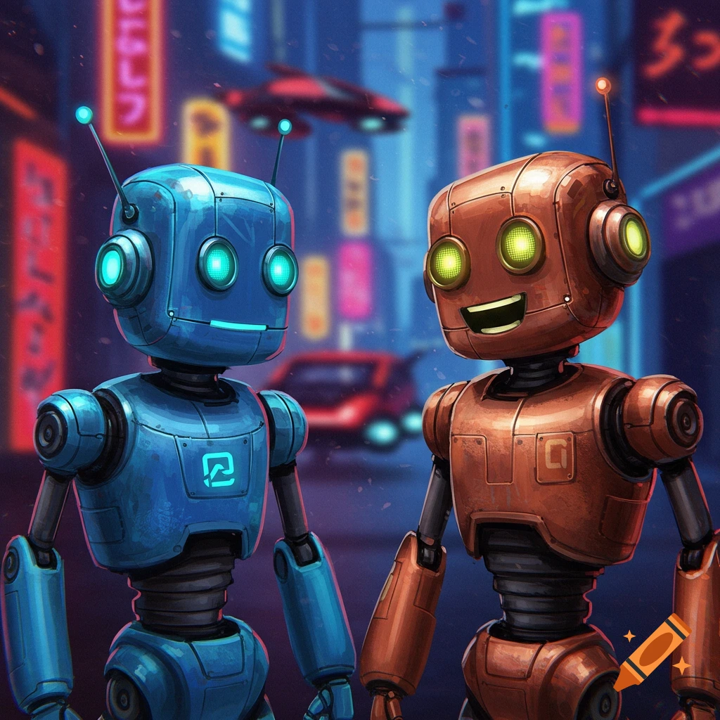 Two friendly robots stand together on a futuristic city street.