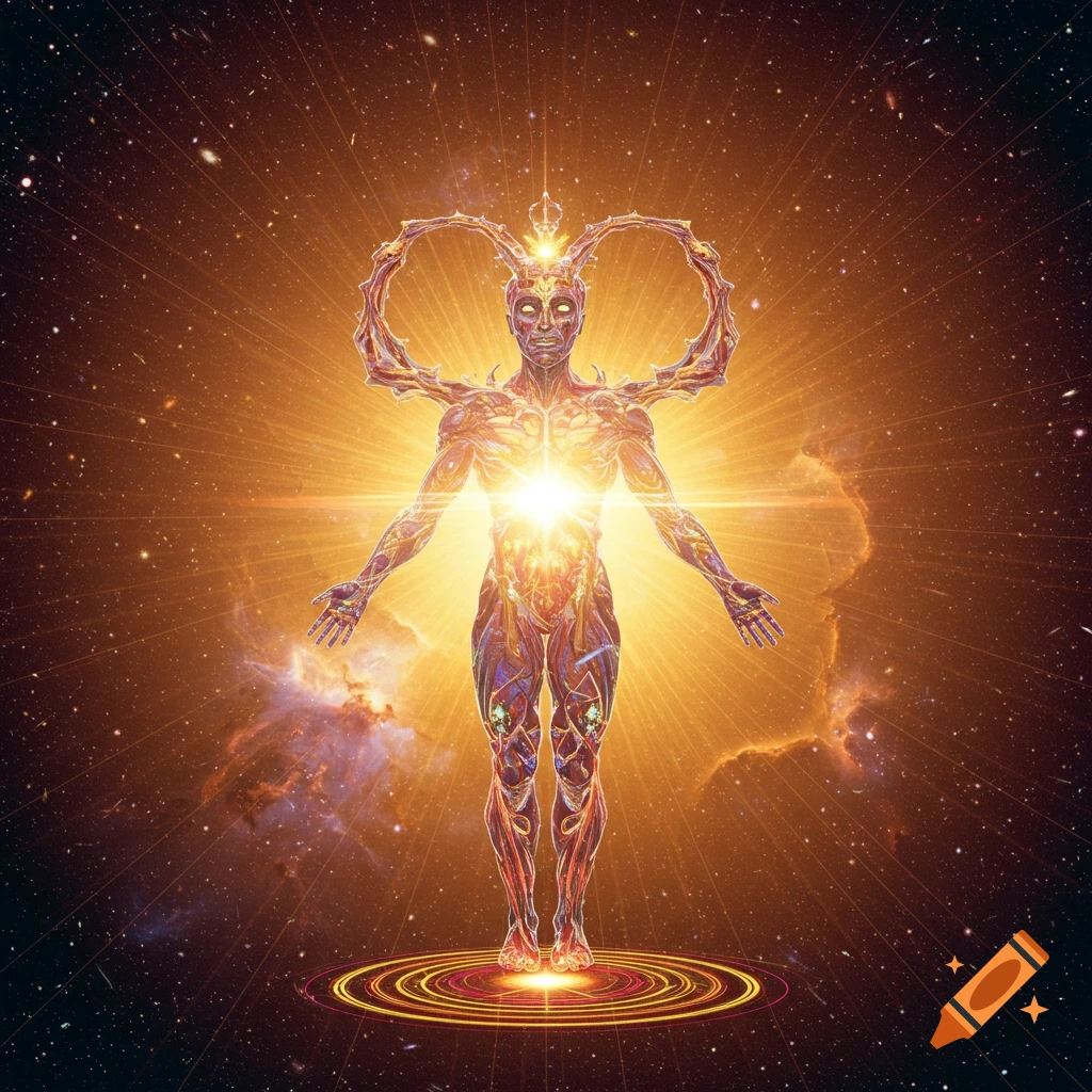 A glowing cosmic figure radiating light in space