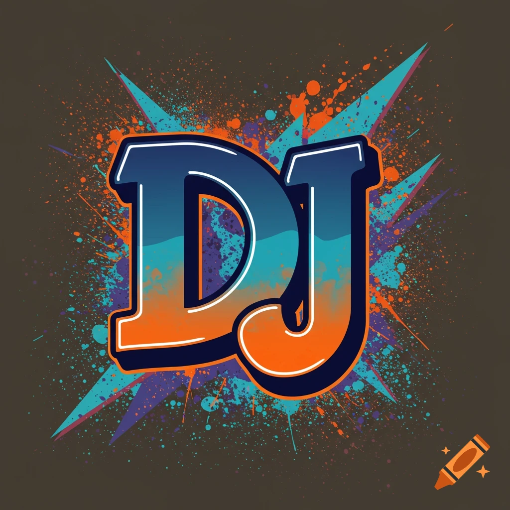 Stylized DJ initials with paint splatters