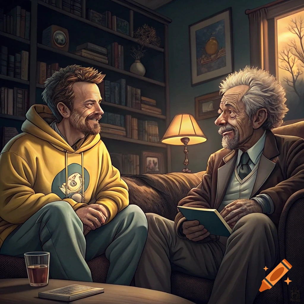 Two men sit on a couch in a room with a bookshelf, talking. One wears a yellow hoodie, the other a suit jacket.