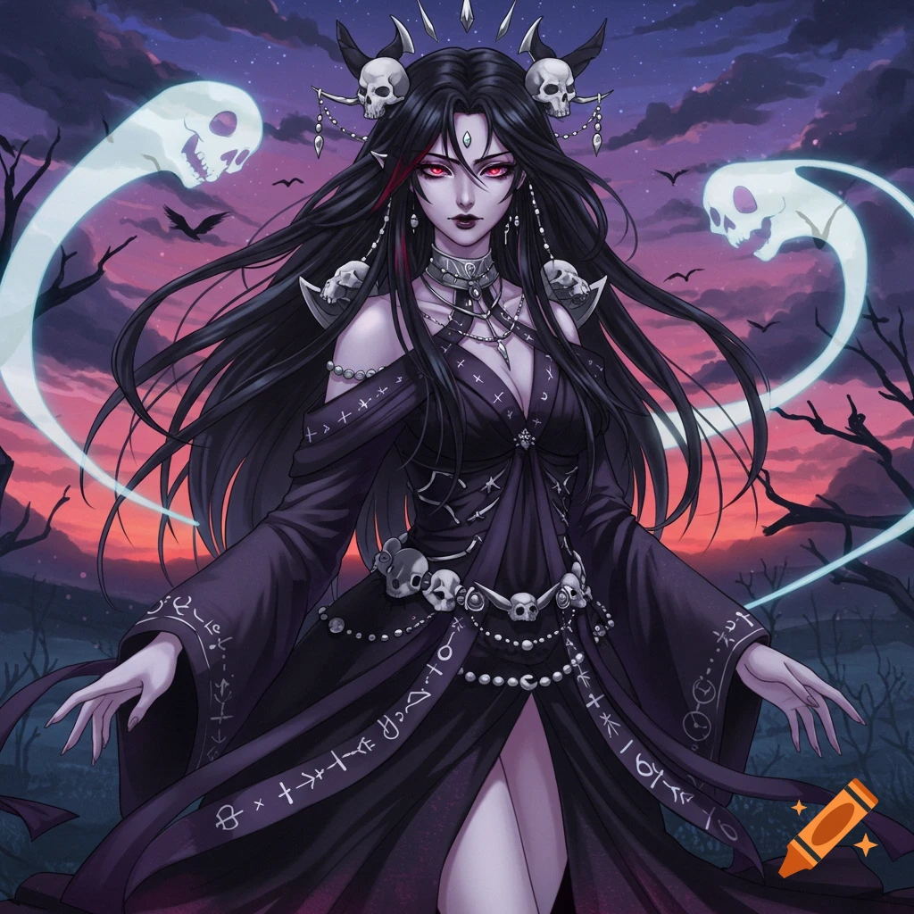 Anime drawing of a dark fantasy goddess with long black hair, red eyes, skull crown, and spirits, against a sunset background.