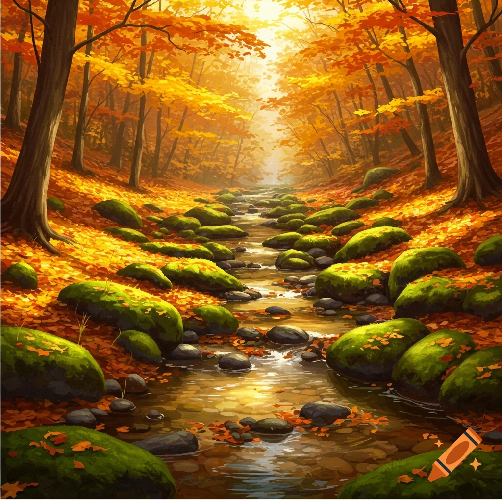 An autumn forest scene with a stream, mossy rocks, and yellow and orange leaves.