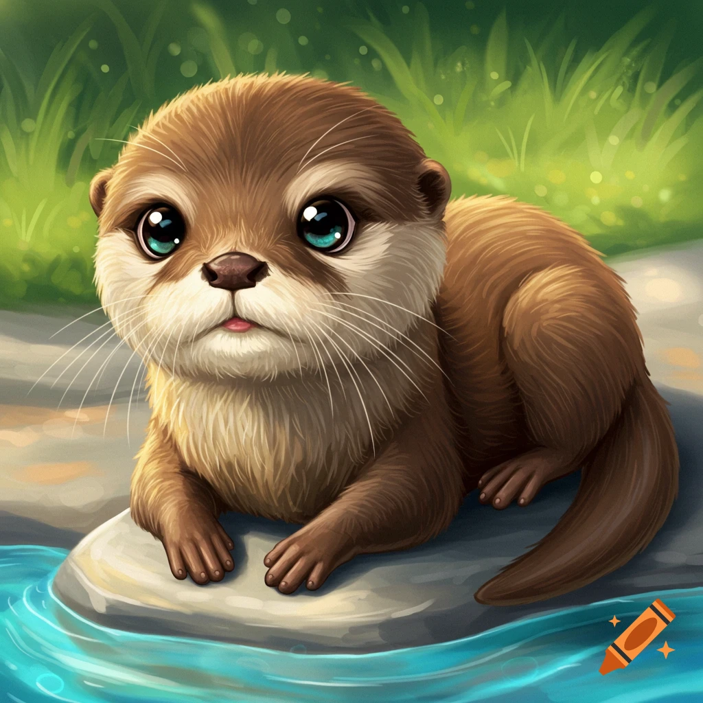 A cute image of an otter sitting on a rock by the water.