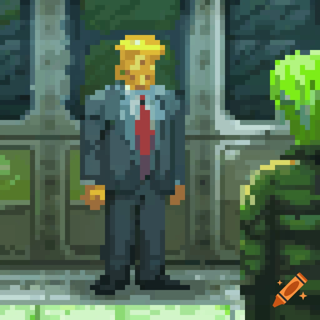 Pixel art image of a figure resembling Donald Trump in a suit and tie, in a video game style environment.