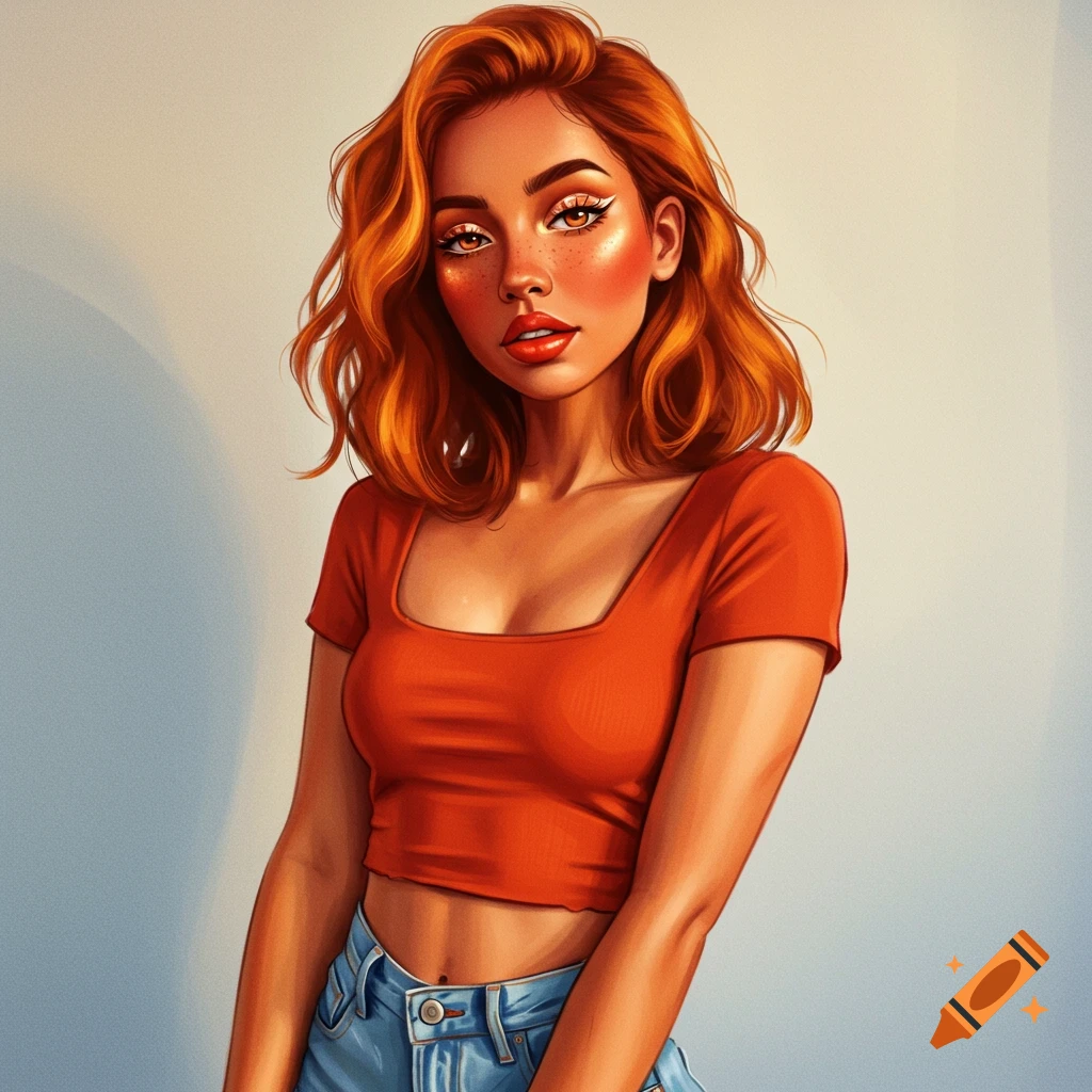 A woman with red hair, red crop top, and blue jeans.