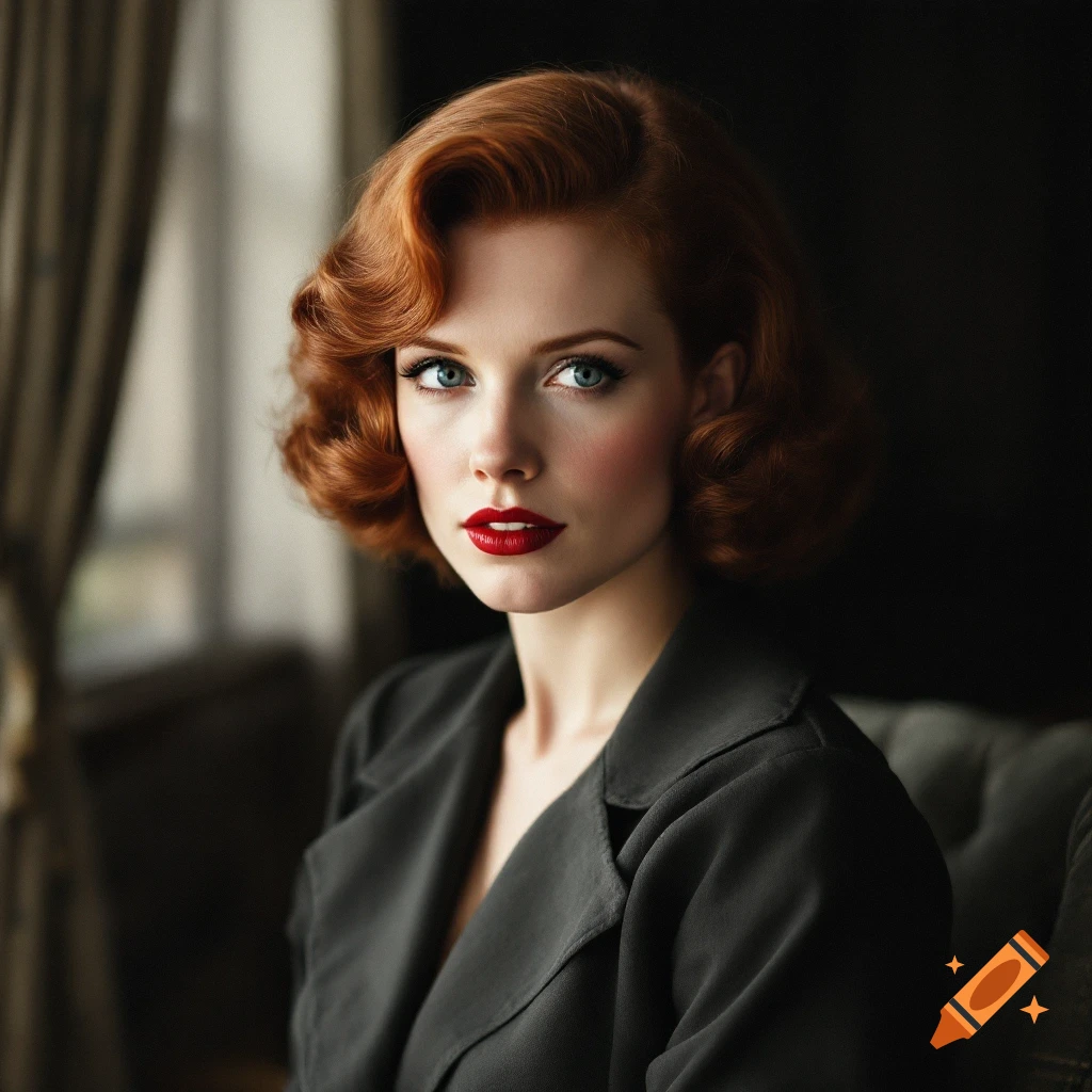 Portrait of a woman with red hair and red lipstick in 1940s style.