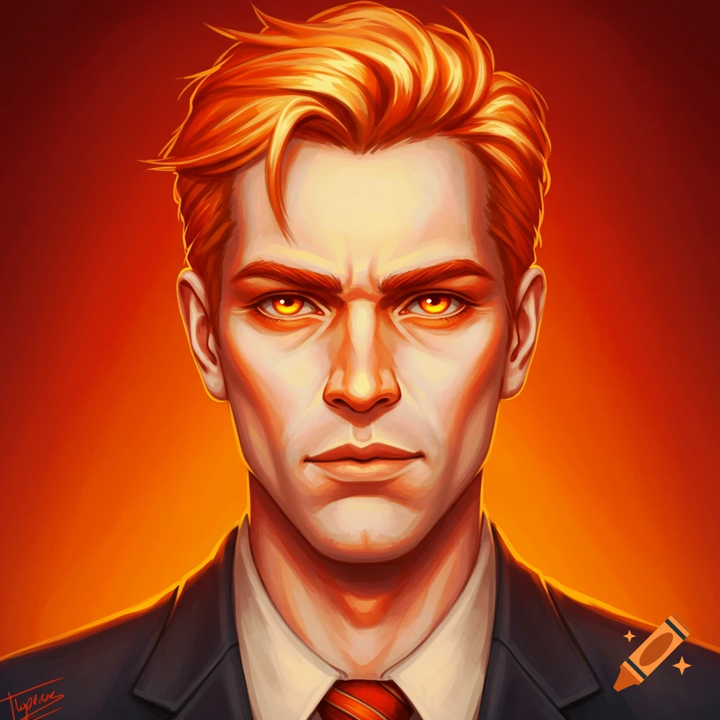 Portrait of a man with orange hair and glowing orange eyes.