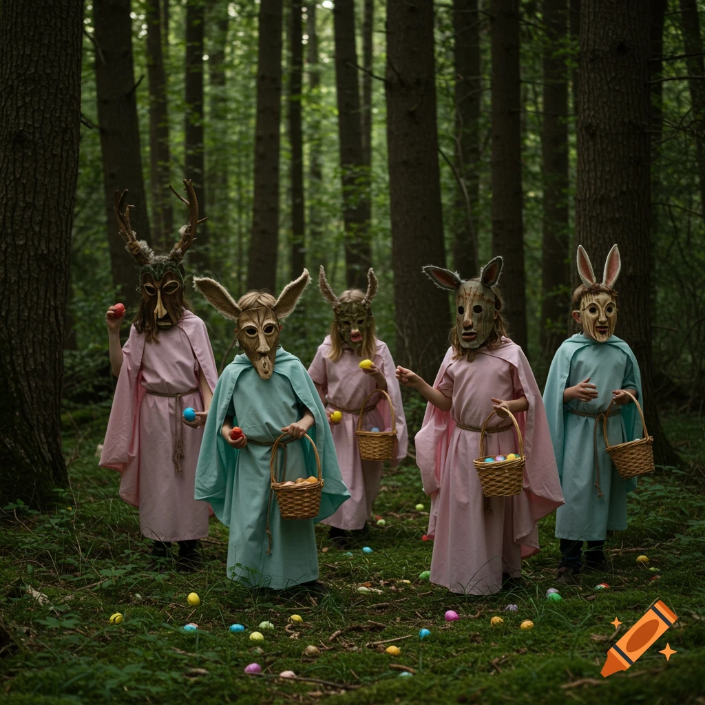 Children in animal masks and robes search for Easter eggs in a forest.