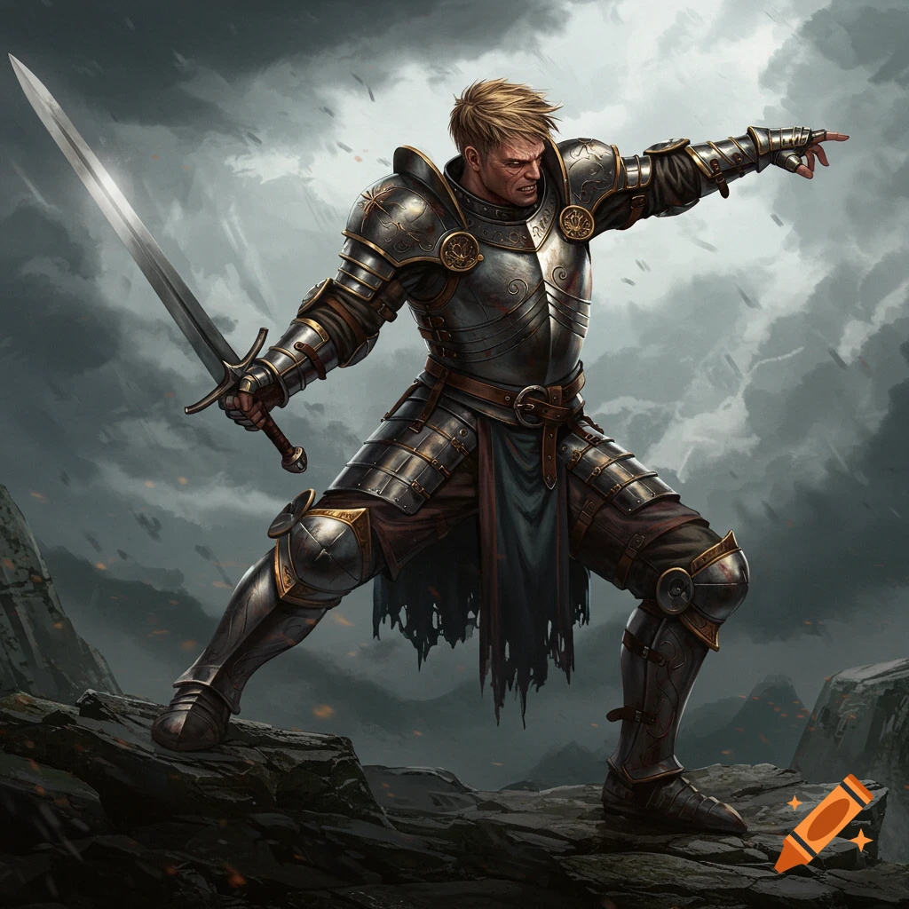 An armored swordsman with a sword pointing against a stormy sky.